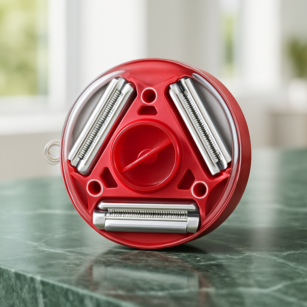 éplucheur-rond-rouge-sur-contoir-marbré-vert