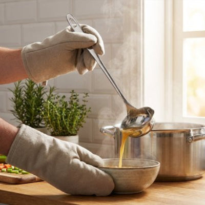 louche inox cuisiner portant gants de cuisine remplis bol de soupe