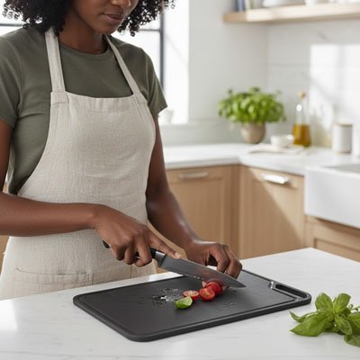 Planche a decouper grise femme coupe tomate