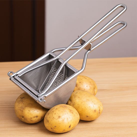 Presse purée et pommes de terre sur comptoir cuisine bois