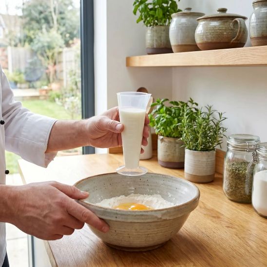 cuisinier tient verre doseur de lait au-dessus de bol céramique contenant ingrédients secs