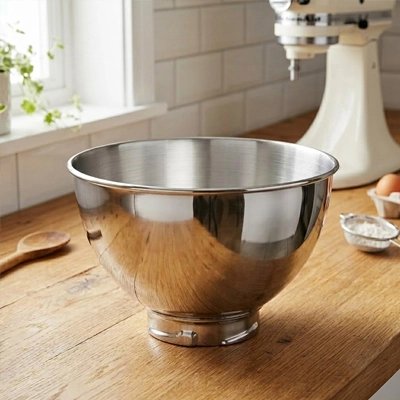 Bol melangeur inox sur comptoir près du robot cuisine