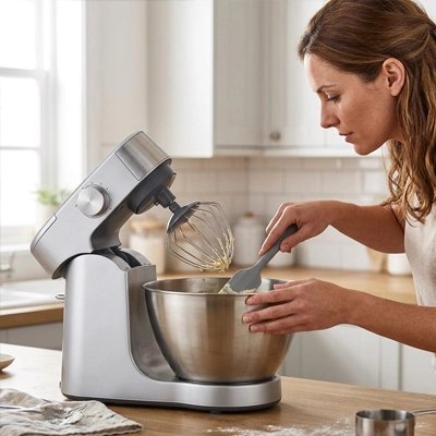 Bol melangeur femme tenant spatule mélange ingrédients