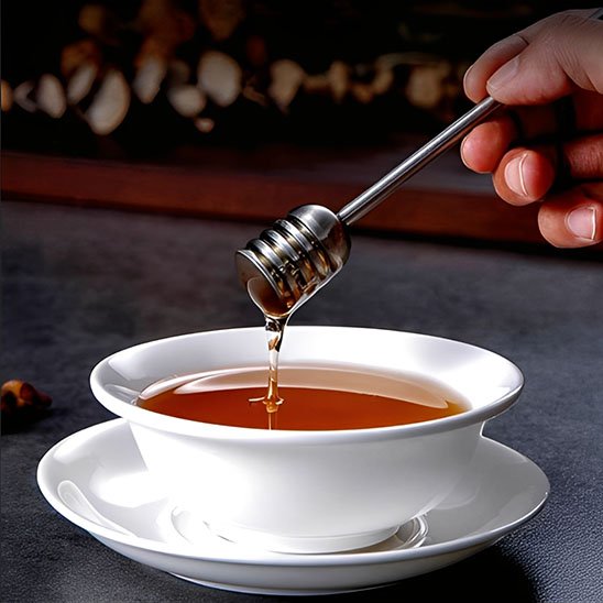Cuillère à miel inox versant miel dans une tasse de thé blanche