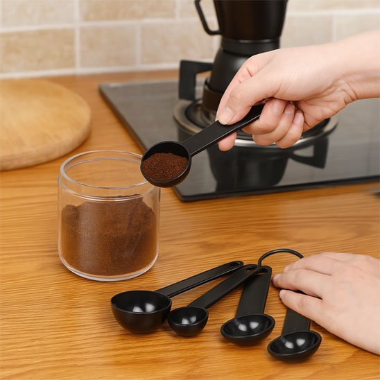 homme tient cuillère doseuse de café 