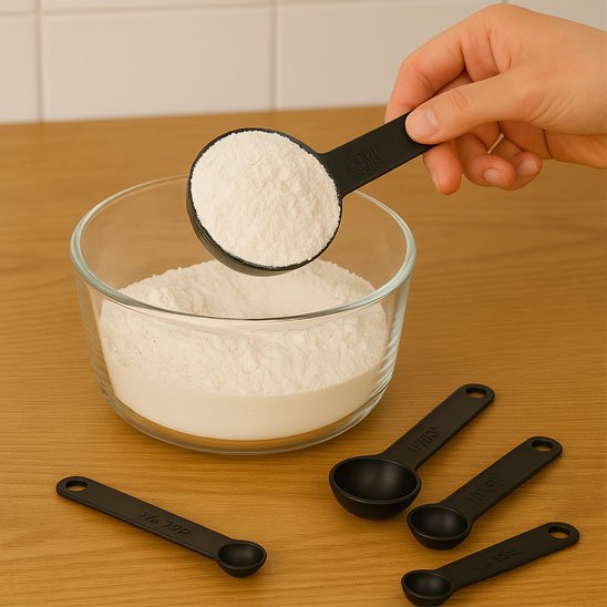 Cuillère doseuse de farine sur contoir bois