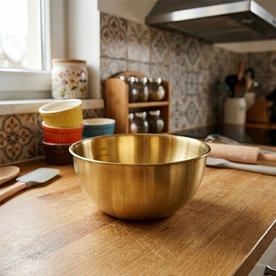 Cul de poule doré sur comptoir cuisine bois