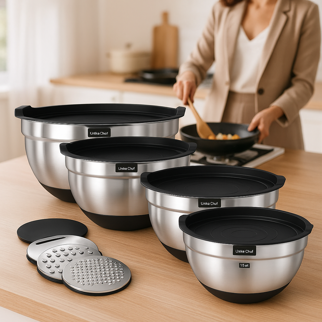 Quatre grandeurs de cul de poule avec accessoires de découpe sur comptoir cuisine bois