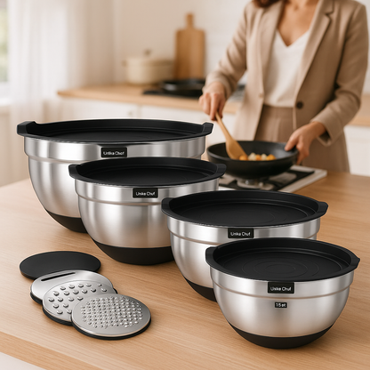 Quatre grandeurs de cul de poule avec accessoires de découpe sur comptoir cuisine bois