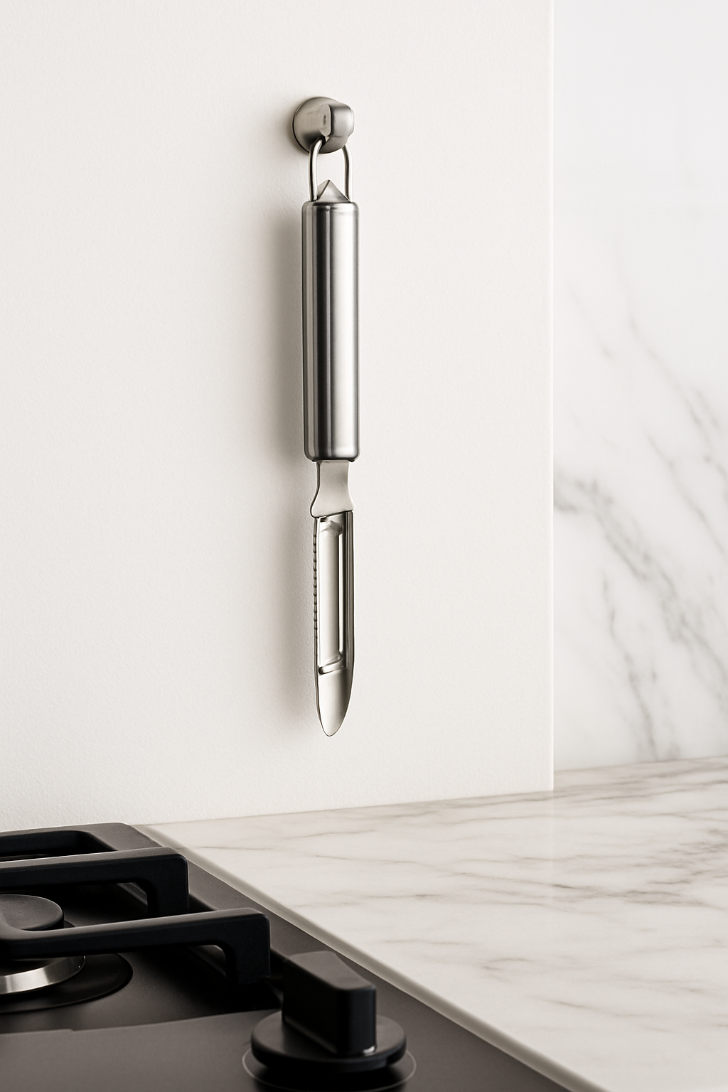 économe inox suspendu au mur près de cuisinière