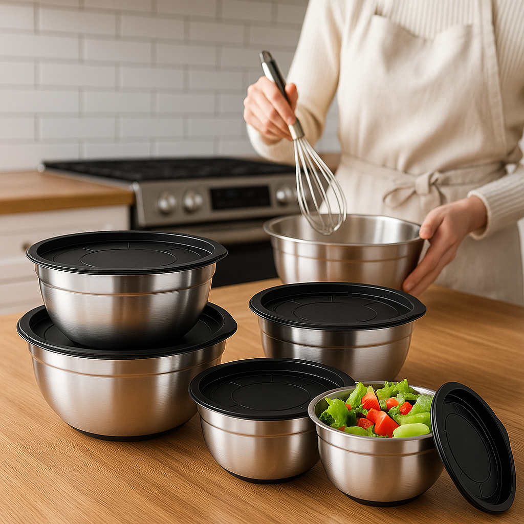 cuisinière devant comptoir avec ensemble de cul de poule en inox