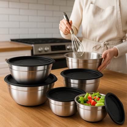 cuisinière devant comptoir avec ensemble de cul de poule en inox