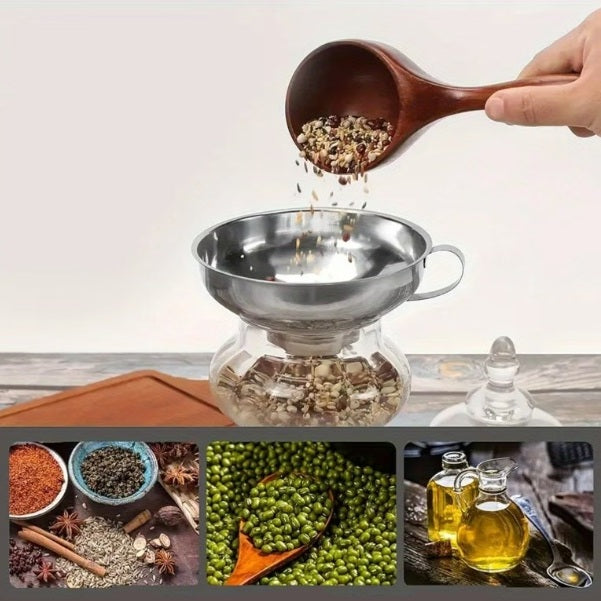 homme verse cuillèrée de grains dans bocal à travers un entonnoir à confiture