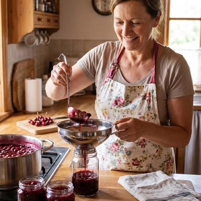 Entonnoir à confiture femme rempli bocal de confiture