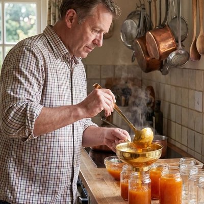 Entonnoir à confiture homme verse confiture dans bocal