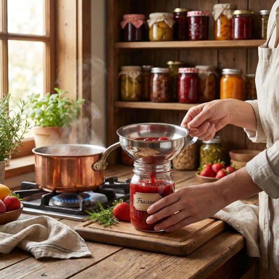 femme remplit bocal de confiture utilisant entonnoir à confiture