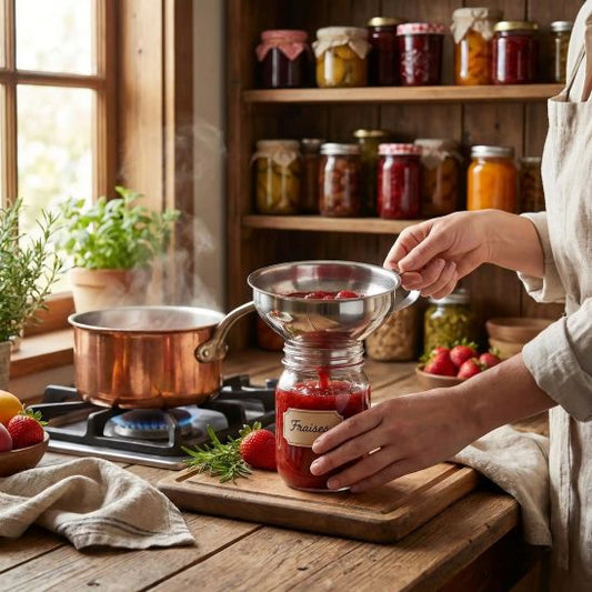 femme remplit bocal de confiture utilisant entonnoir à confiture