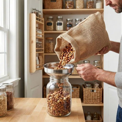 homme replit bocal de noix utilisant entonnoir à confiture