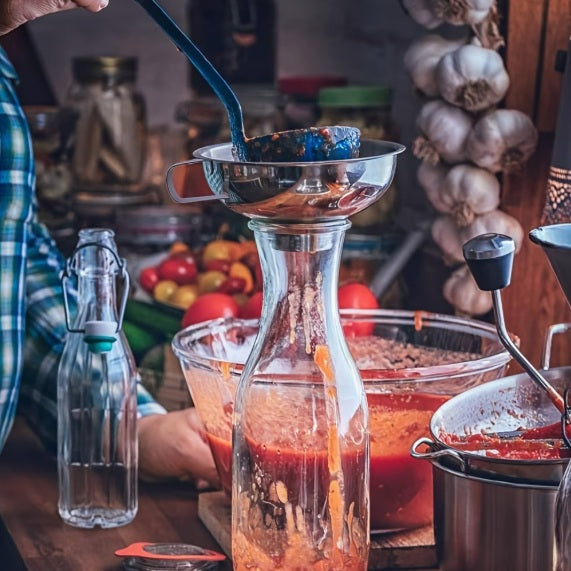 homme verse sauce tomate dans bouteille à travers un entonnoir à confiture