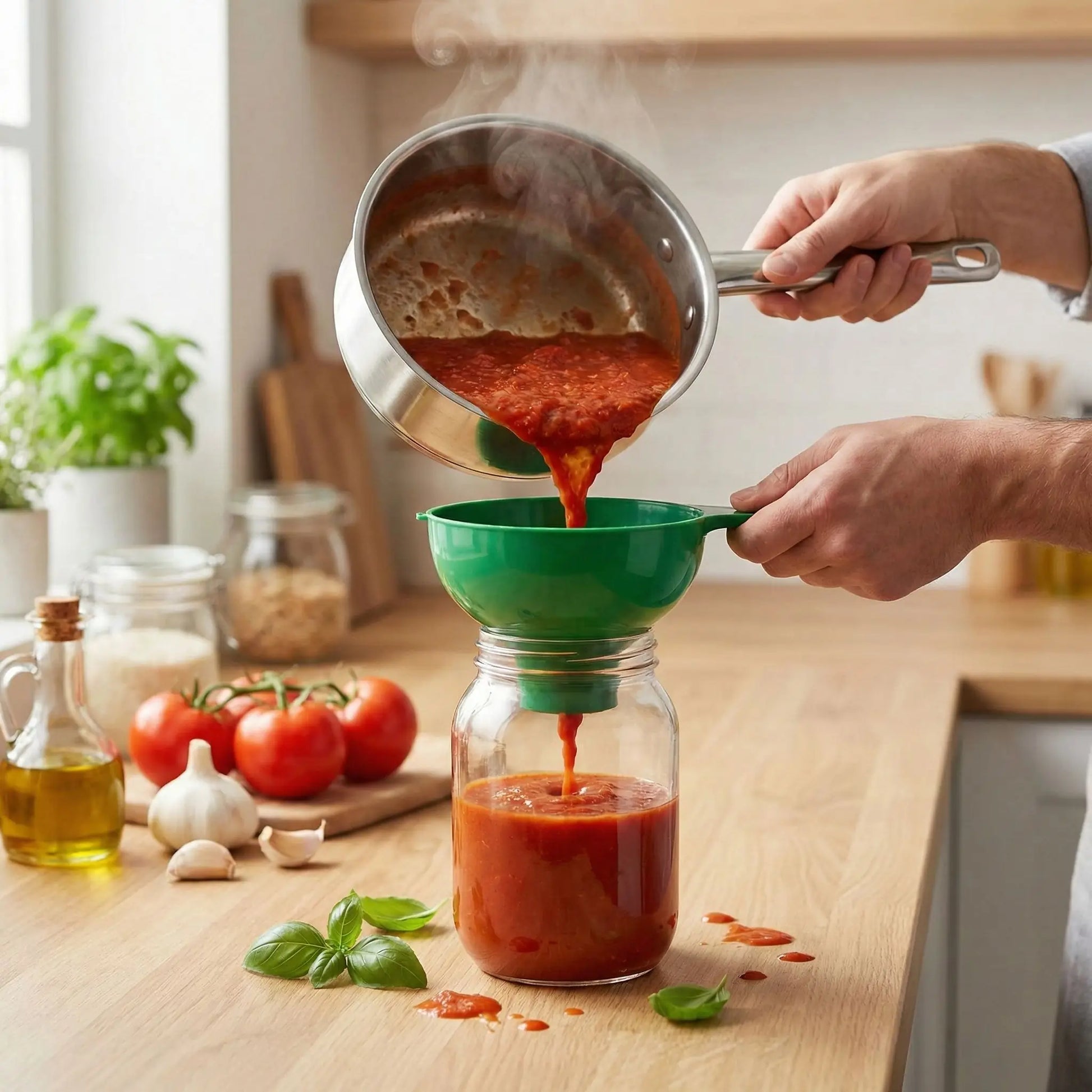 cuisinier transvase sauce tomates utilisant entonnoir pour bocaux vert