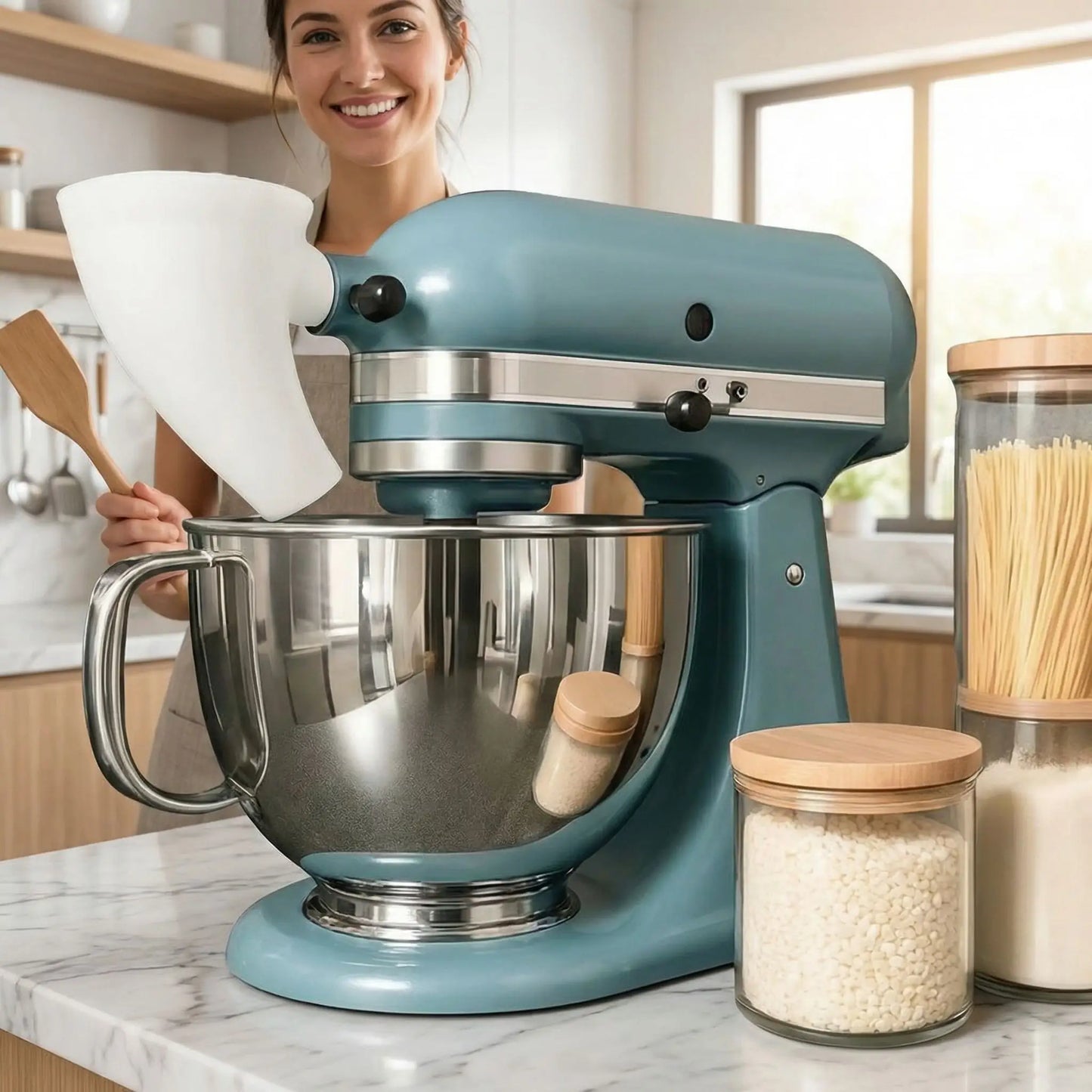 Entonnoir à farine blanc fixé au mélangeur