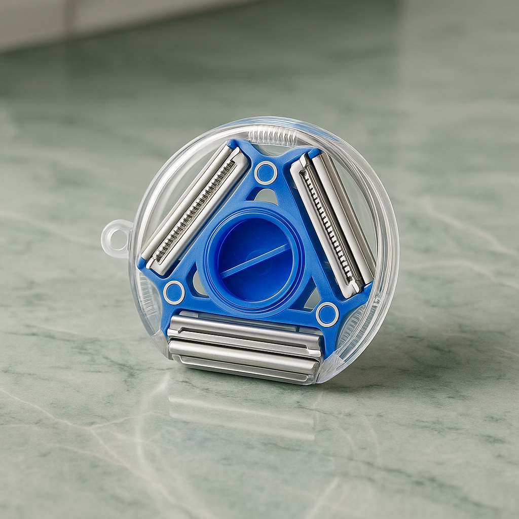 éplucheur-rond-bleu-sur-contoir-marbré-vert