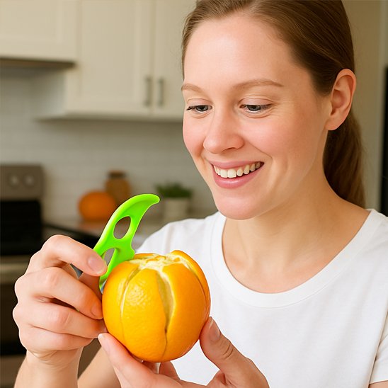 femme pèle orange avec éplucheur vert