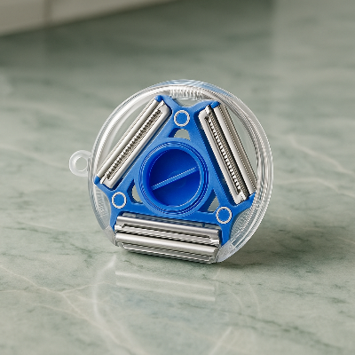 éplucheur-rond-bleu-sur-contoir-marbré-vert