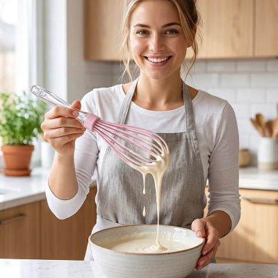 Fouet Cuisine femme fouette pâte dans bol céramique