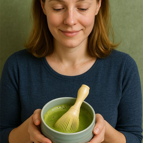 femme souriante tiens bol thé et fouet matcha