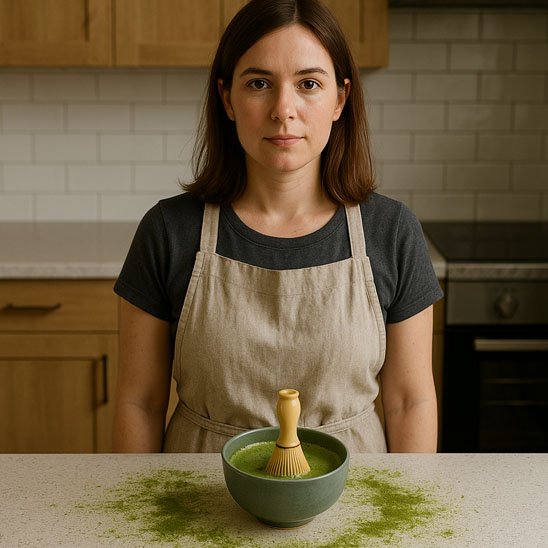 femme devant bol thé avec fouet matcha sur contoir