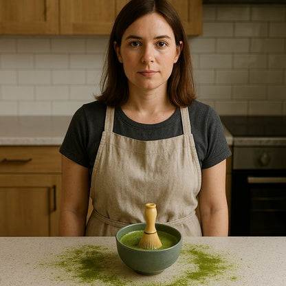 femme devant bol thé avec fouet matcha sur contoir