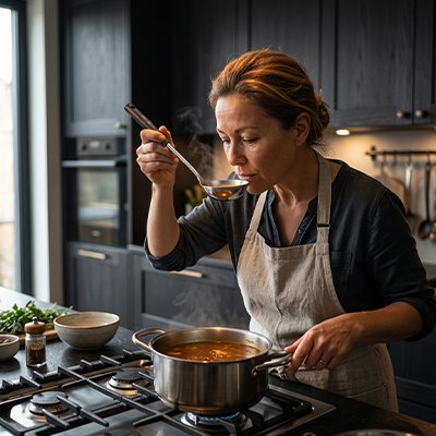Louche cuisine femme goûte soupe