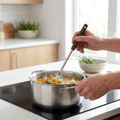 Louche cuisine homme remue potage 