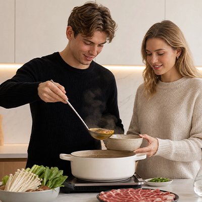 Louche homme sert soupe à une femme