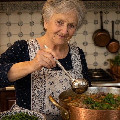 Louche grandmère sert ragoût d'une marmite