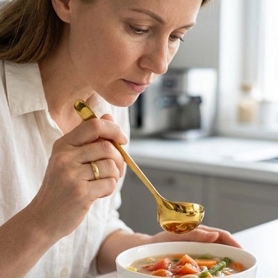 Louche tennue au-dessus du bol à soupe