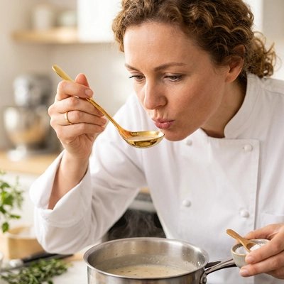 Louche femme souffle sur souace blanche chaude
