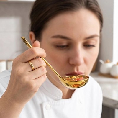 Louche femme goûte soupe