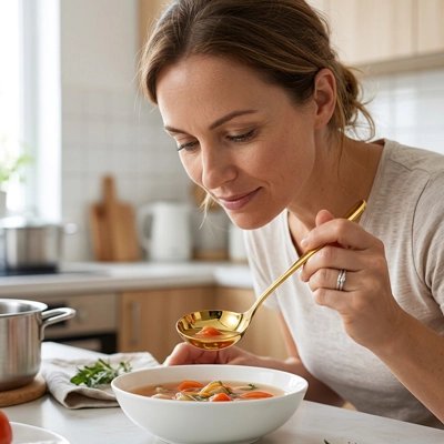 Louche femme penchée au-dessus d'un bol de soupe