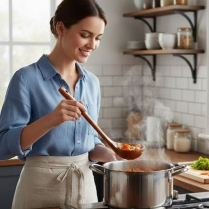 femme tient louche pleine de ragoût au-dessus d'une casserole 