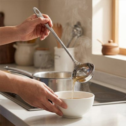 homme verse bouillon dans  bol posé sur comptoir avec une louche inox