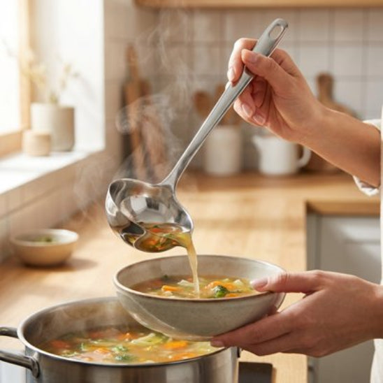 cuisinière versant la soupe dans un bol avec une louche inox