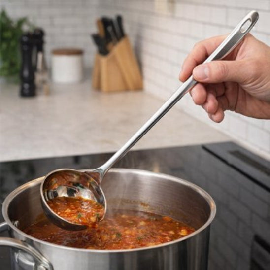 cuisinier mélange soupe dans marmite avec louche inox
