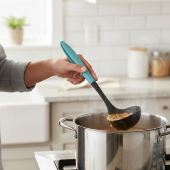 cuisinière  prélève potage d'une casserole avec louche à manche couleur menthe