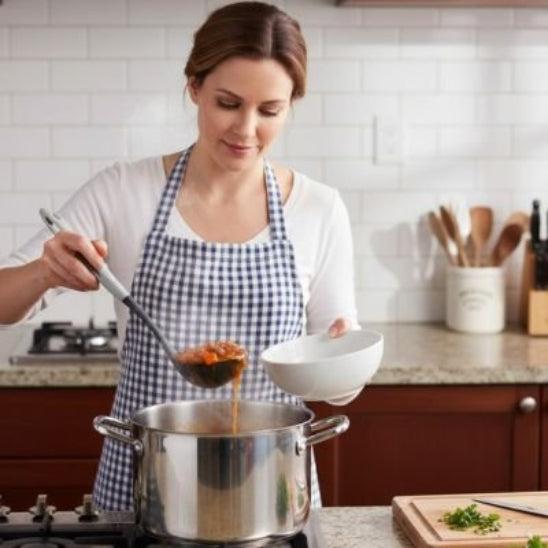 femme tient bol au-dessus d'une casserole tout en y versant ragoût à la louche.