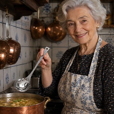 Louche grand-mère devant marmite de ragoût