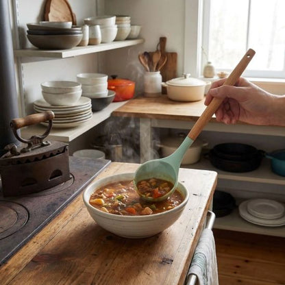 cuisilinère sert ragoût dans bol avec louche