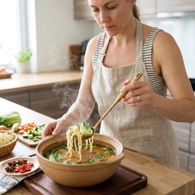 Louche femme sert soupe
