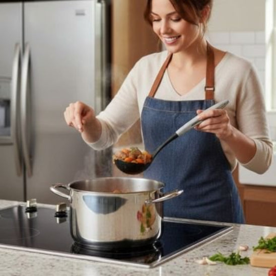 cuisinière prélève une louche de ragoût dans la casserole